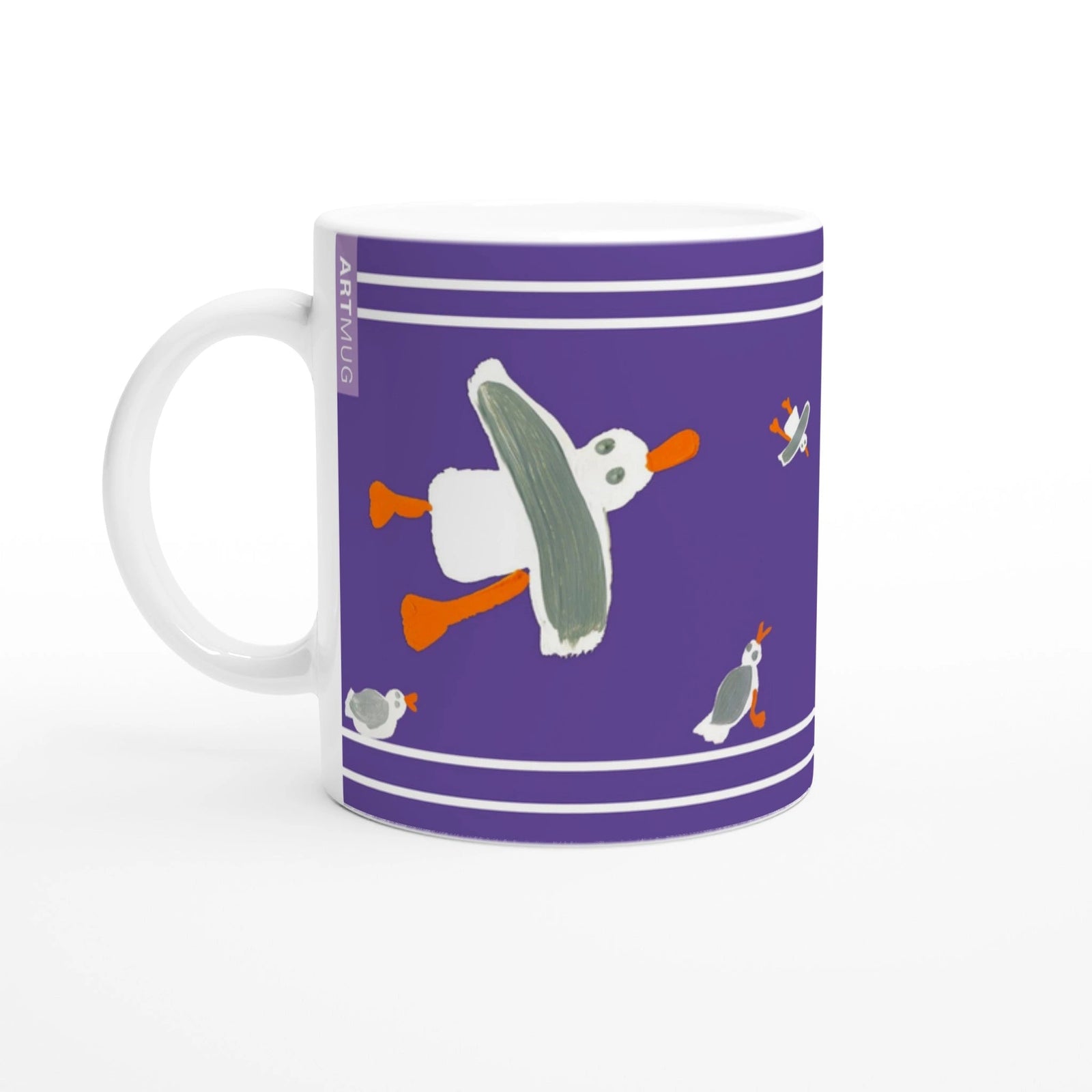 John Dyer Ceramic Cornish Art Mug with Cornish Seagulls. Purple John Dyer