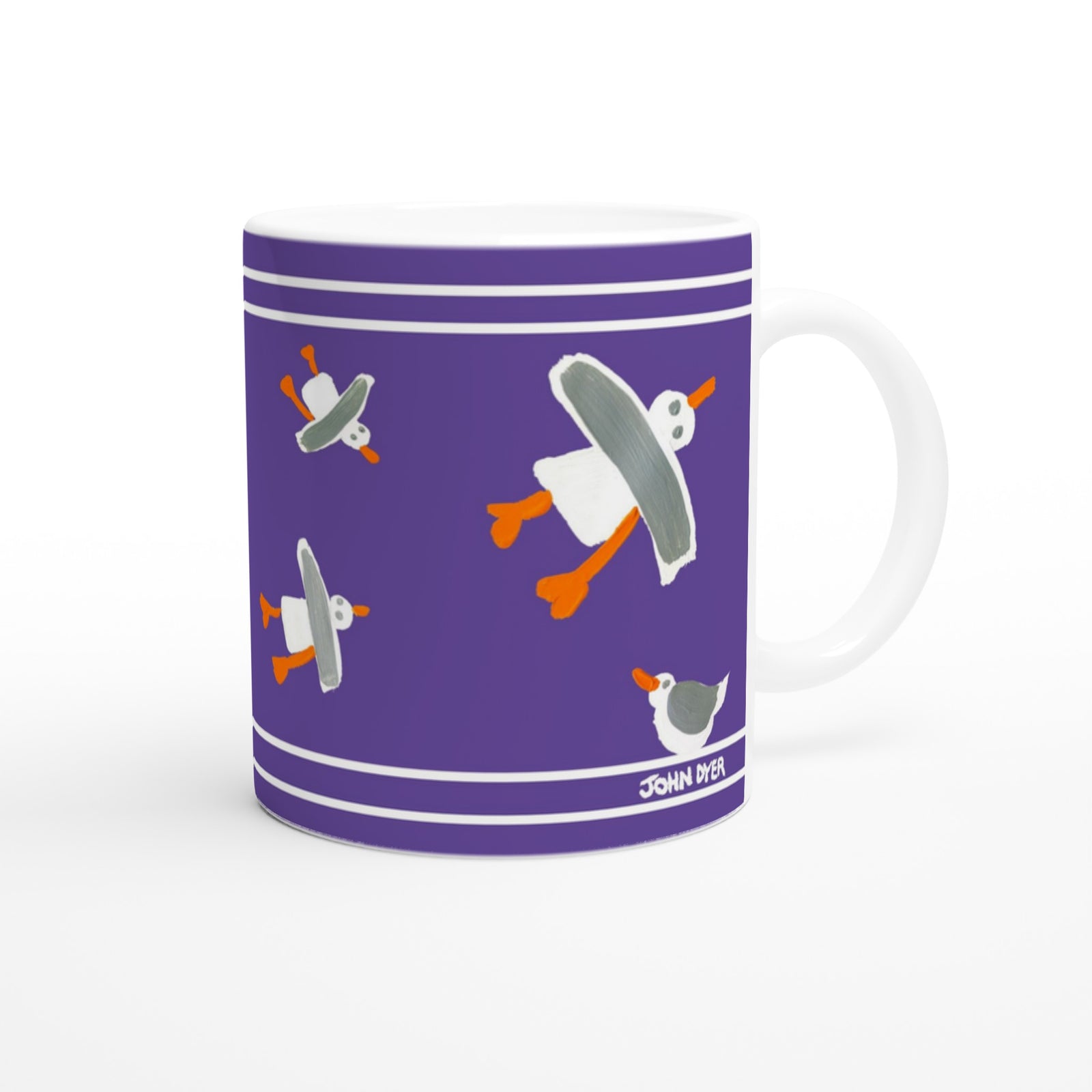 John Dyer Ceramic Cornish Art Mug with Cornish Seagulls. Purple