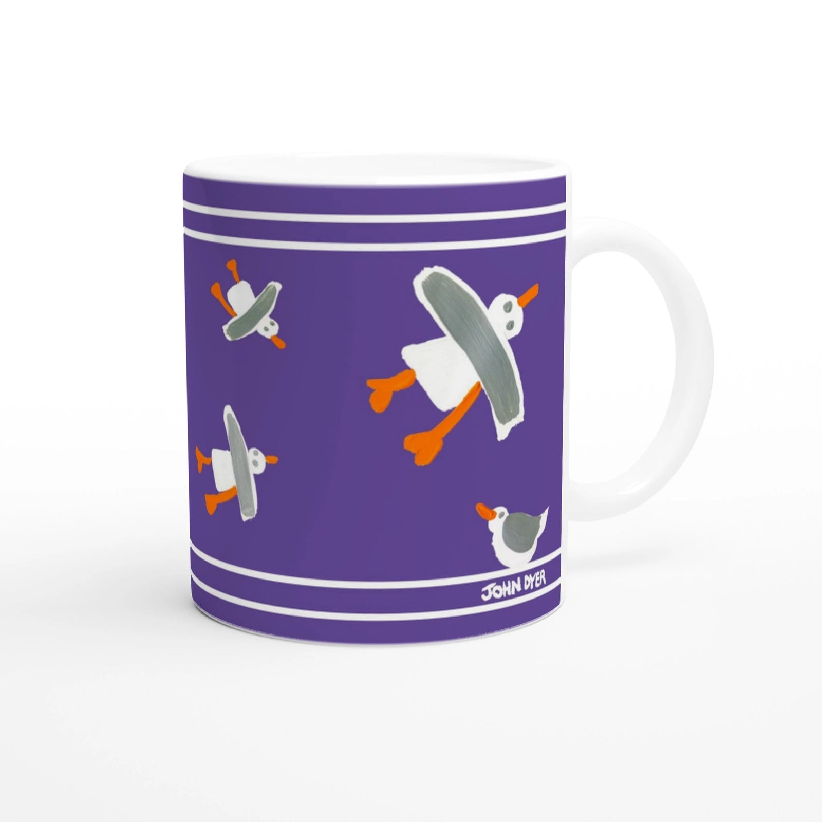 John Dyer Ceramic Cornish Art Mug with Cornish Seagulls. Purple John Dyer