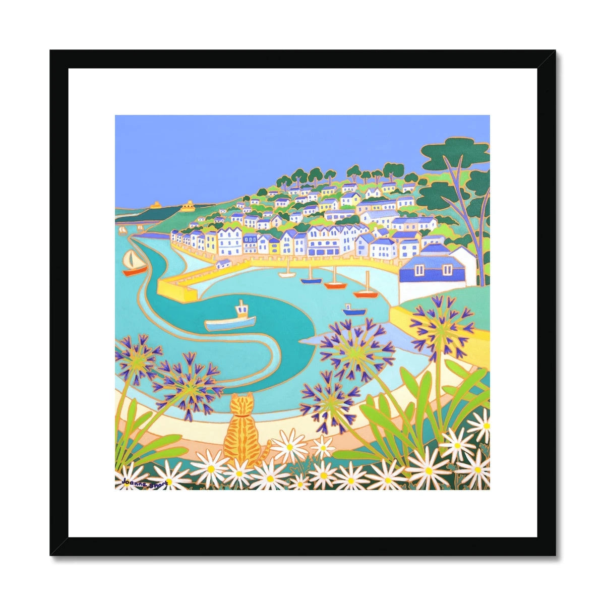 Joanne Short Framed Open Edition Fine Art Print. 'Ginger Cat on the Wall, St Mawes'. Cornwall Art Gallery Print Joanne Short