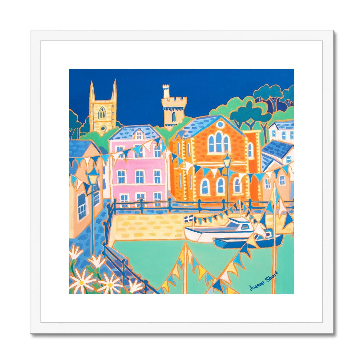 Joanne Short Framed Open Edition Cornish Art Print. 'Daisies and Bunting Fowey'. Cornwall Art Gallery Joanne Short