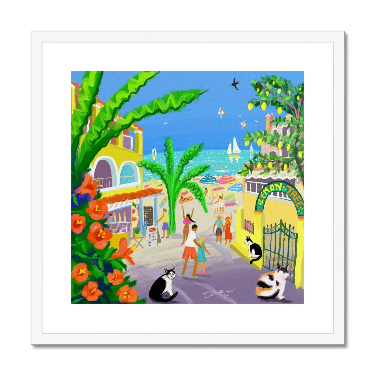 John Dyer Greece Artwork. Framed Open Edition Art Print. 'Strolling Past Corfu Cats, Agios Gordios, Greece'. Greek Art Gallery John Dyer
