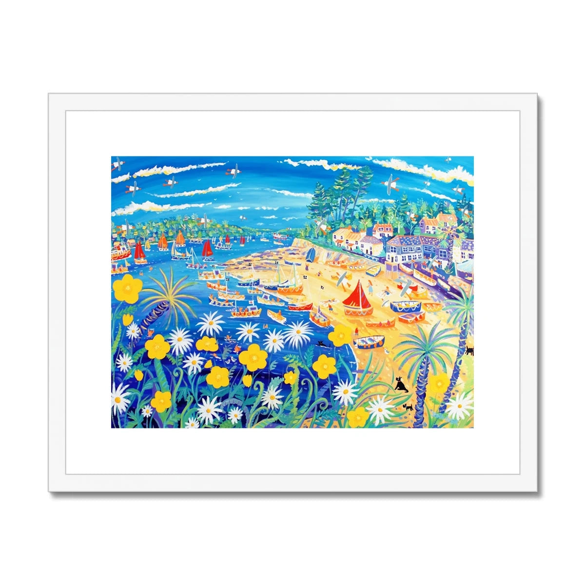John Dyer Framed Open Edition Cornish Art Print. 'Buttercups and Bathers, Helford Passage, Cornwall'. John Dyer