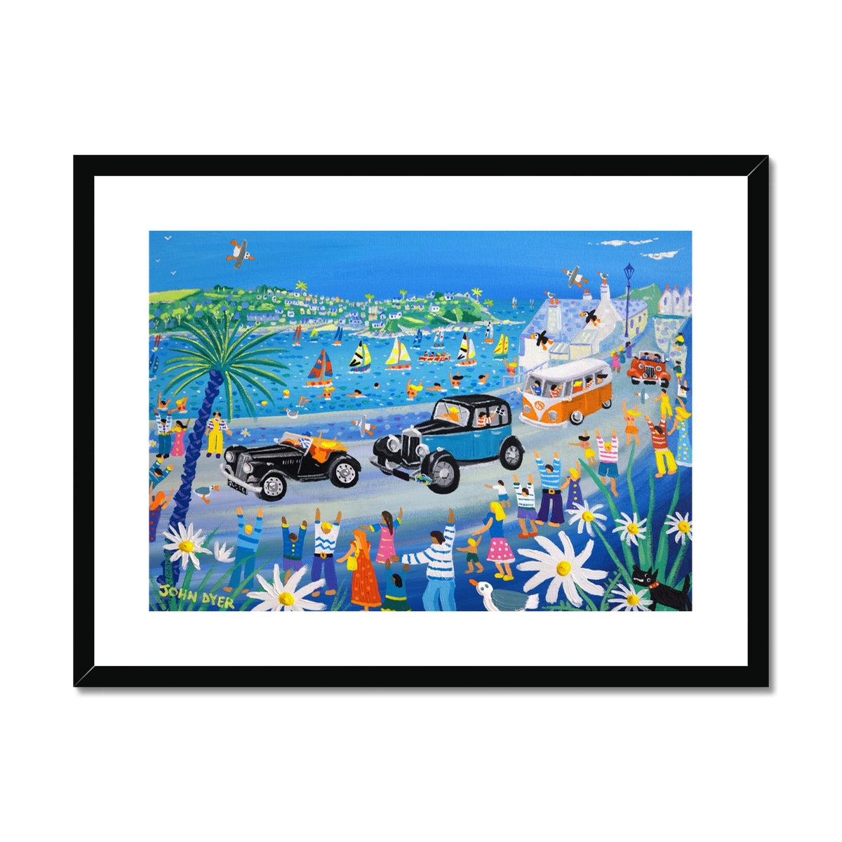 John Dyer Framed Open Edition Cornish Art Print. 'Summer Fun at the Fowey Classic Car Parade, Cornwall'. White frame