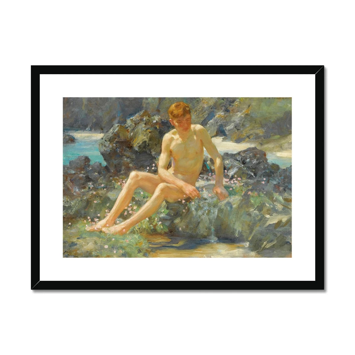 Nude on the Rocks by Henry Scott Tuke. Framed Open Edition Fine Art Print. Historic Art Henry Scott Tuke
