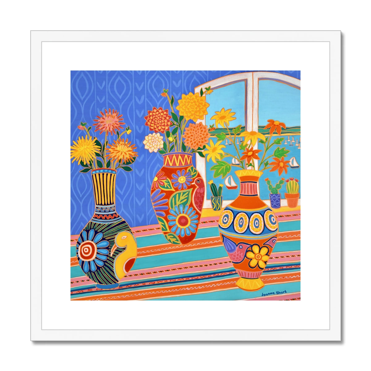Joanne Short Framed Open Edition Cornish Art Print. 'Fiesta of Flowers in Mexican Vases'. Cornwall Art Gallery, Fowey