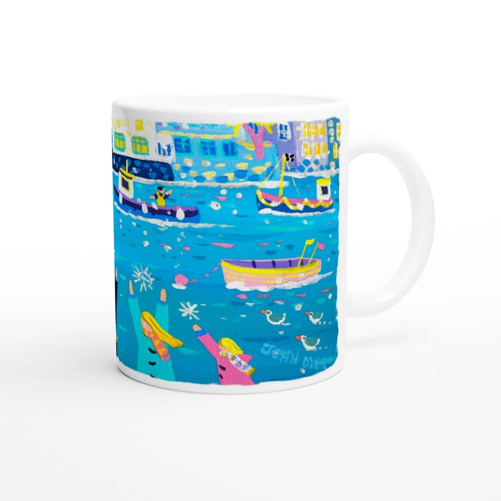 John Dyer Ceramic Cornish Art Mug. Catching Snowflakes, Polperro, Cornwall John Dyer