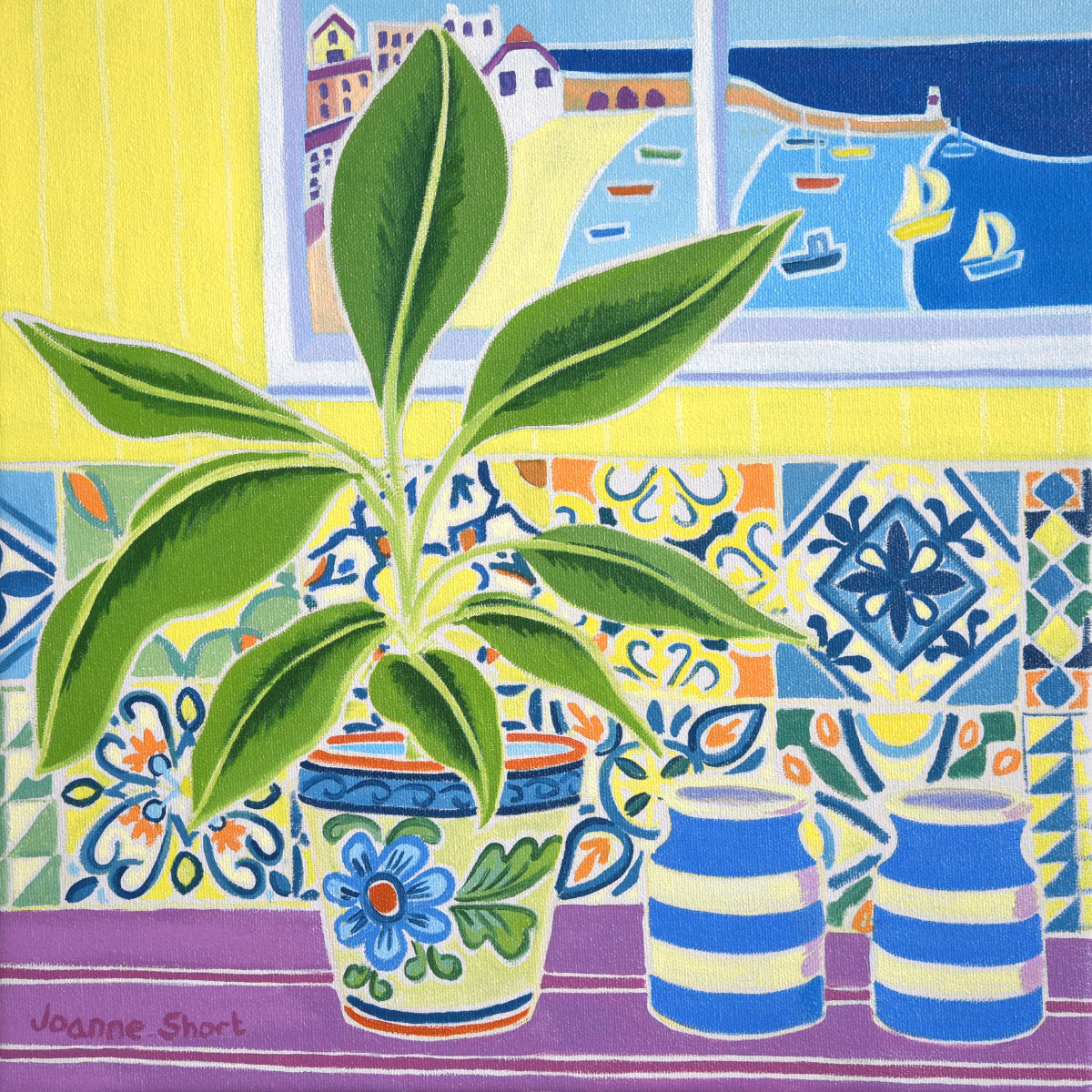 'Banana Plant in the Kitchen'. 12x12 inches Original Oil Painting on Canvas by Cornish Artist Joanne Short