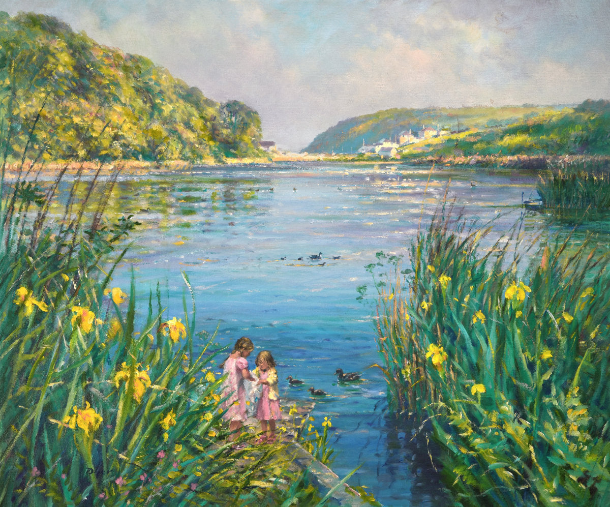 'Blue Water and Wild Iris, Swanpool', 20x24 inches Original Art, Oil on Canvas. Lakeside Painting of Cornwall by Artist Ted Dyer.