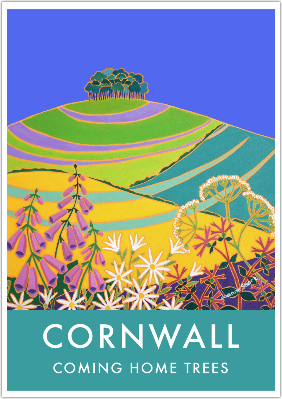 Vintage Style Travel Wall Art Poster Print of the 'Coming Home Trees' at Cookworthy Knapp Devon - Cornwall by Cornish Artist Joanne Short