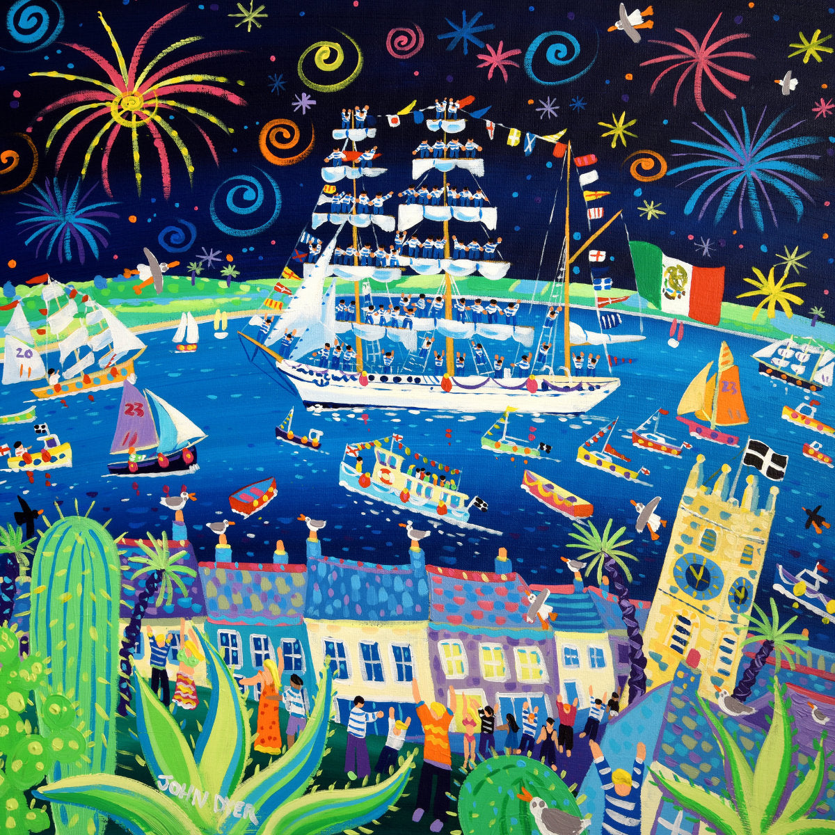 'Cuauhtémoc Mexican Nights, Falmouth Tall Ships 2023', 24x24 inches acrylic on canvas. Cornwall Painting by Cornish Artist John Dyer. Cornish Art from our Cornwall Art Gallery