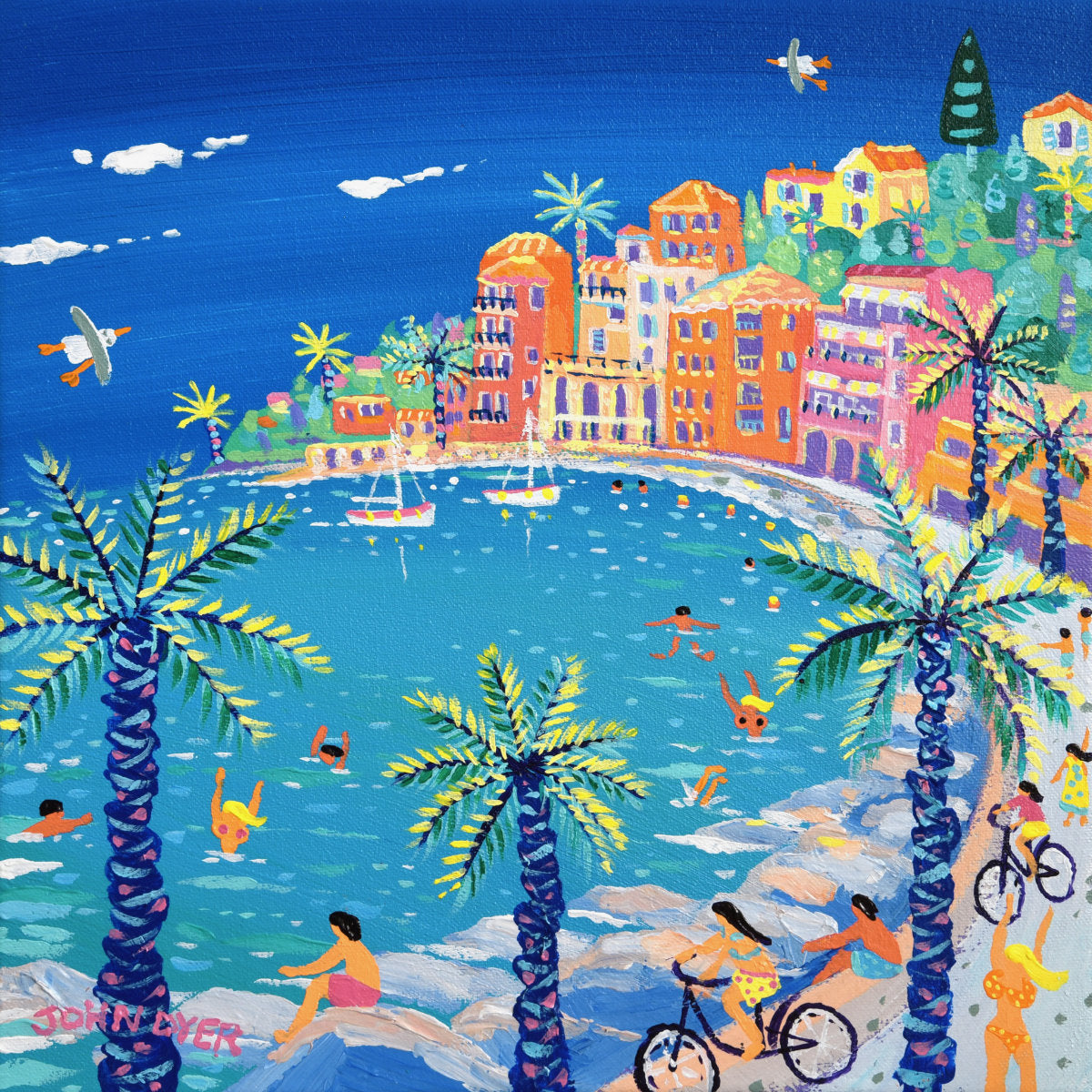 Colorful painting of a coastal scene with buildings, palm trees, bikes, and people enjoying the beach. 'Cycling by the Bay, Villefranche-sur-Mer'. 12 x 12 inches acrylic on canvas. Painting of the South of France by John Dyer
