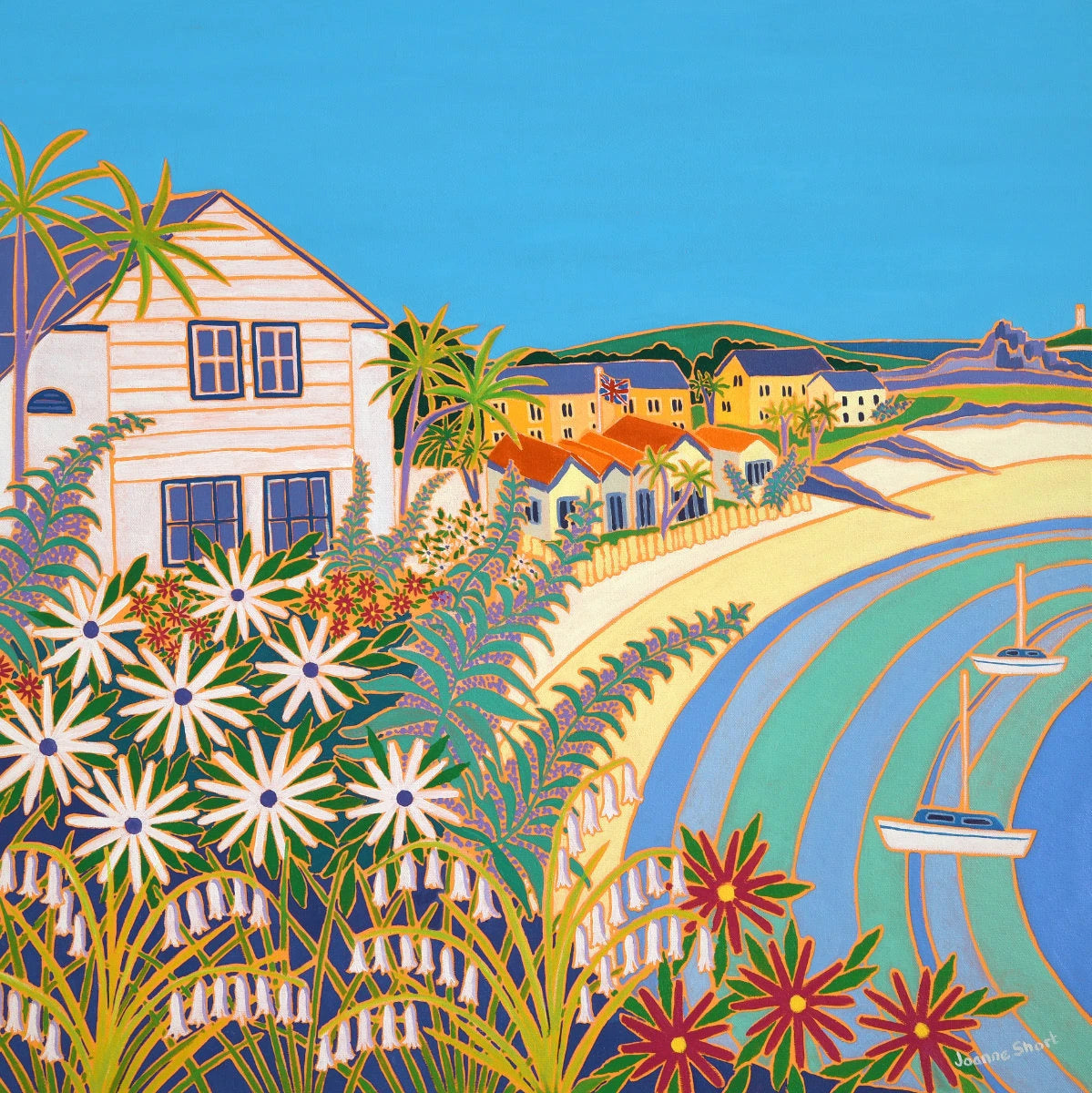 'Beachside Cottage Gardens, Old Grimsby, Tresco’. 24x24 inches oil on canvas. Paintings of Cornwall by Cornish Artist Joanne Short from our Cornwall Art Gallery Joanne Short