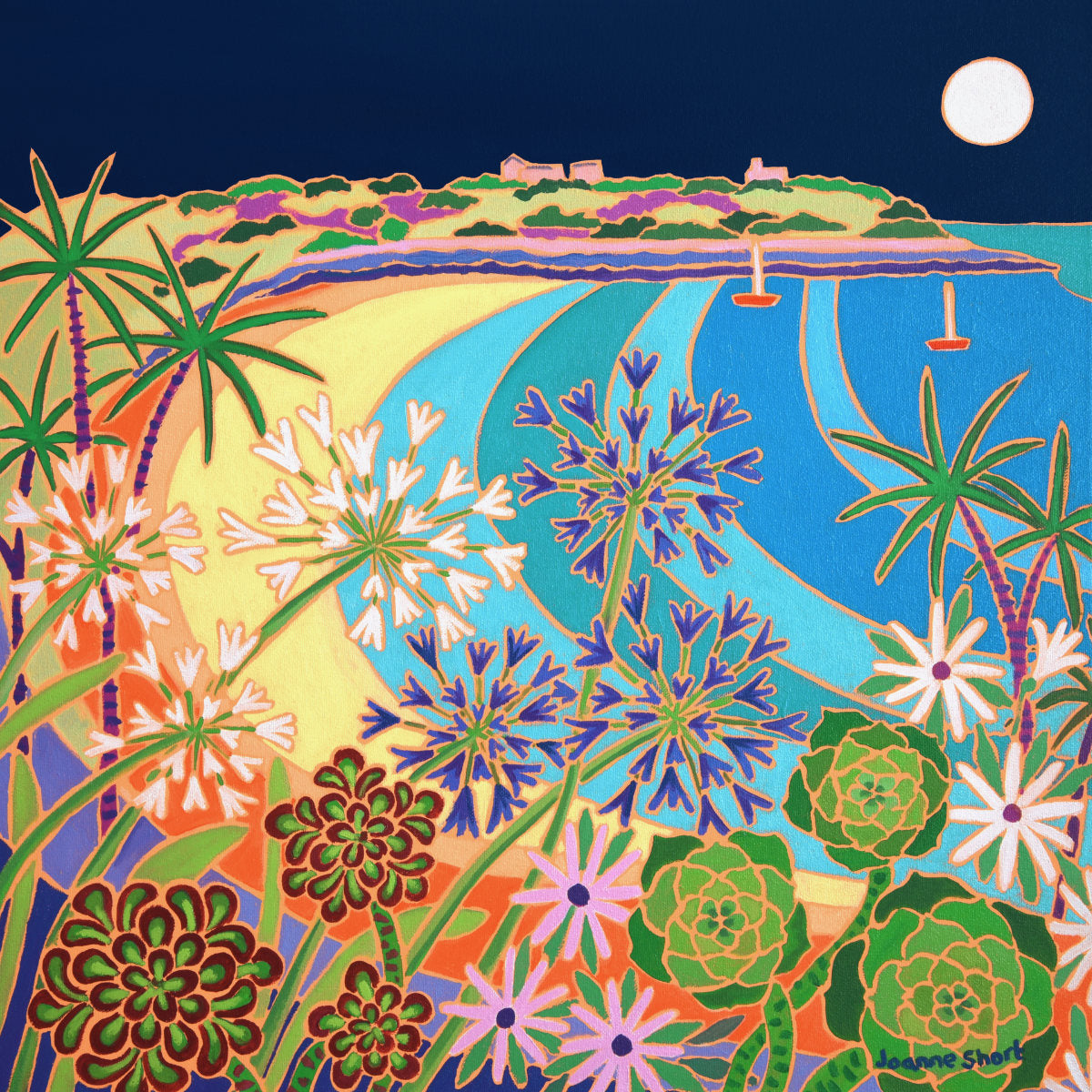 'Summer Full Moon, Castle Beach, Falmouth',
18 x 18 inches Oil on Canvas. Coastal Painting by Cornish Artist Joanne Short. Cornish Art from our Cornwall Art Gallery