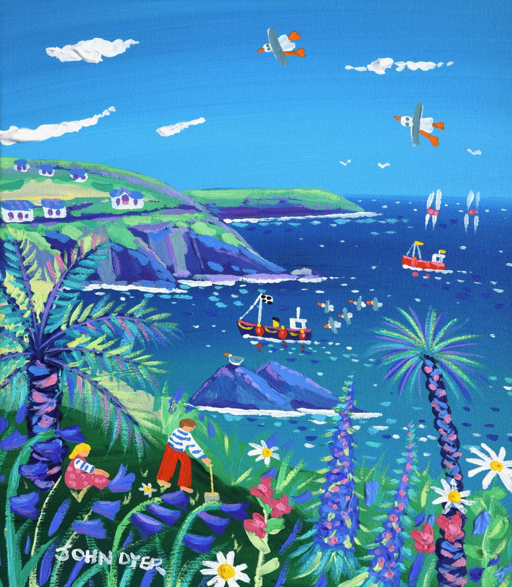 'Clifftop Garden, Cadgwith', 12x10 inches acrylic on canvas. Painting of Cornwall by Cornish Artist John Dyer