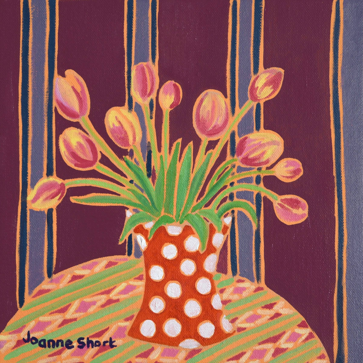 'Spring Tulips from a Friend', 8 x 8 inches oil on canvas still life. Painting by Cornish Artist Joanne Short
