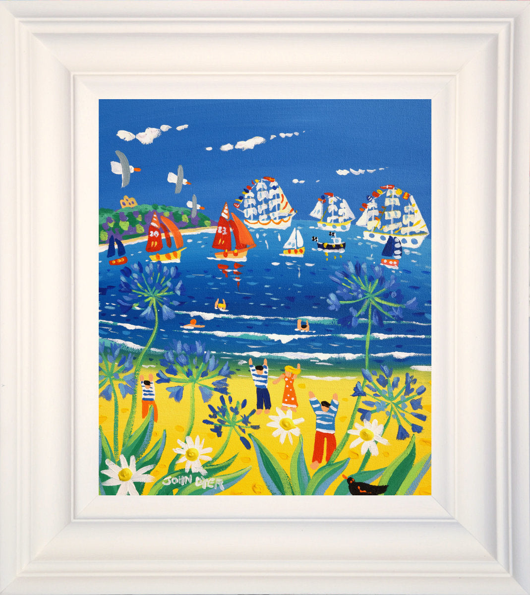'Racing Past the Beach, Falmouth Tall Ships 2023', 12x10 inches acrylic on canvas. Paintings of Cornwall. Cornish Artist John Dyer. Cornwall Art Gallery