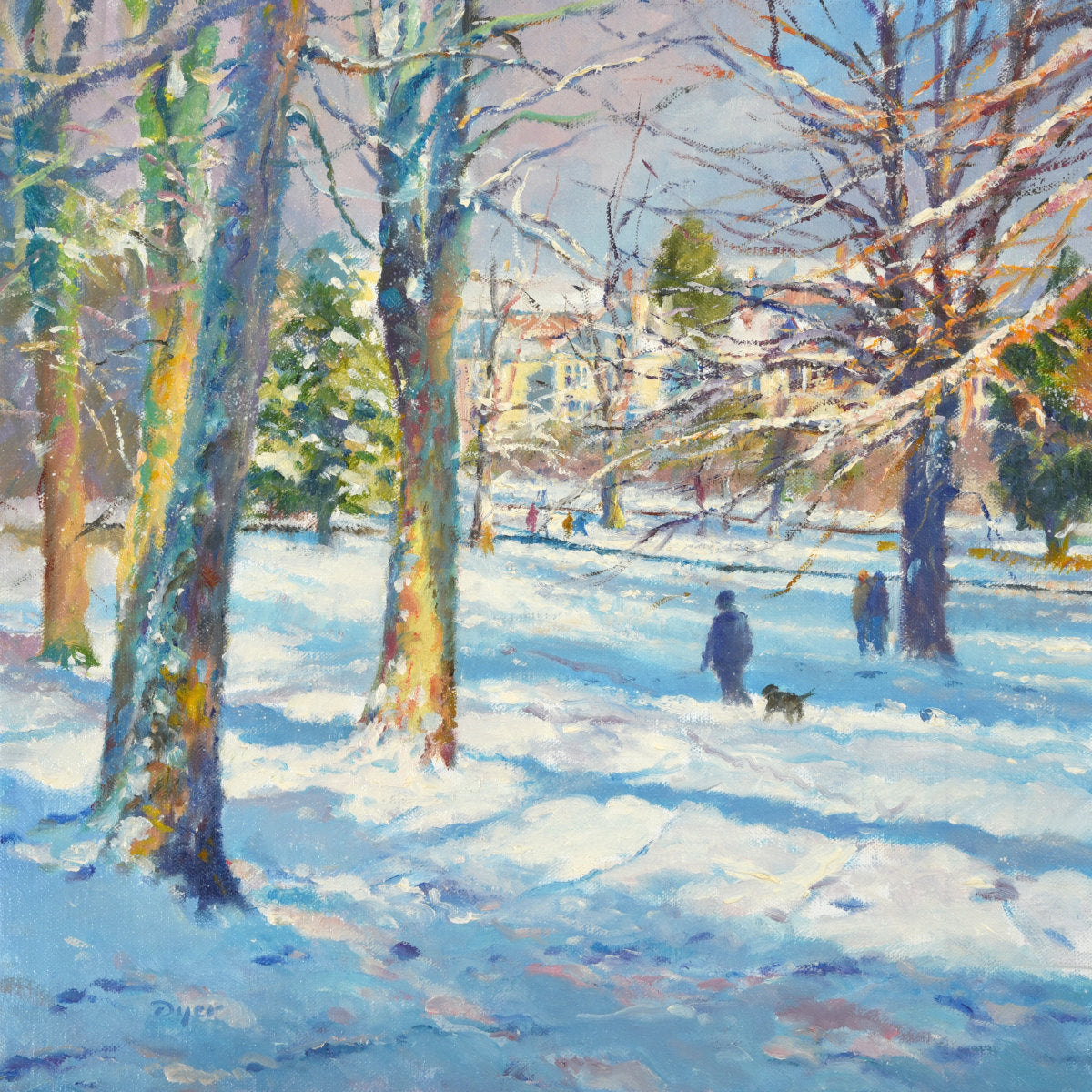 'First Fall of Snow, Kimberley Park, Falmouth', 14x14 inches oil on canvas. Snowscape Painting by Cornish Artist Ted Dyer. Ted Dyer