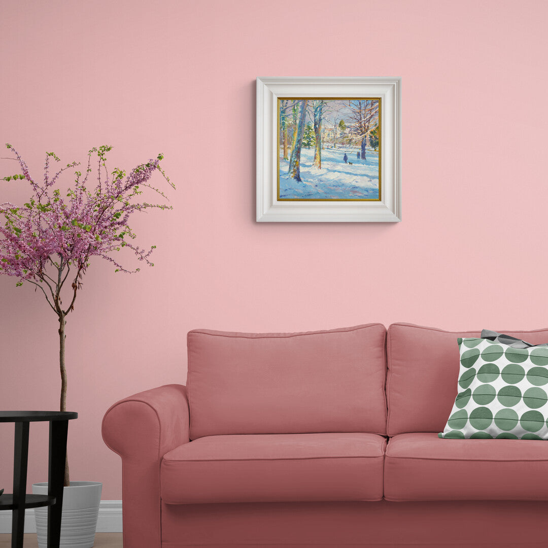 'First Fall of Snow, Kimberley Park, Falmouth', 14x14 inches oil on canvas. Snowscape Painting by Cornish Artist Ted Dyer.