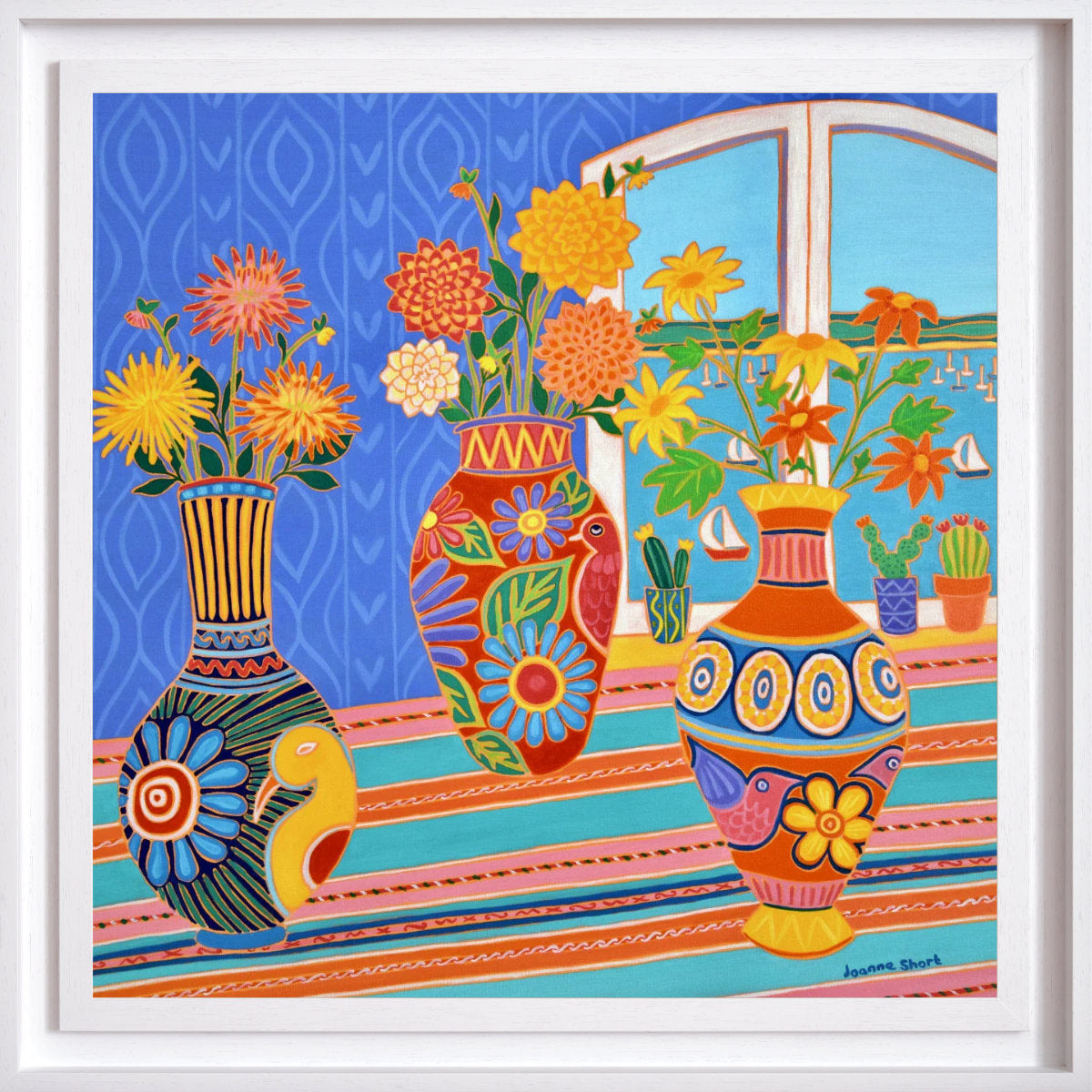 'Fiesta of Flowers in Mexican Vases', 30x30 inches oil on canvas. Original Painting by British Artist Joanne Short