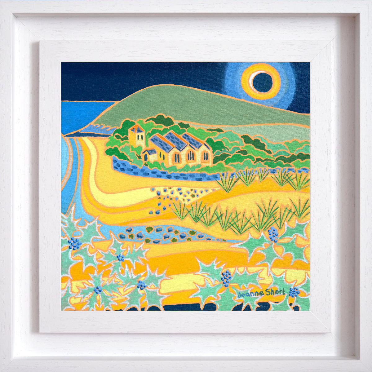 Framed 'Eclipse over the Church, Gunwalloe Church Cove'. 12 x 12 inches Original Oil Painting on Canvas by Cornish Artist Joanne Short