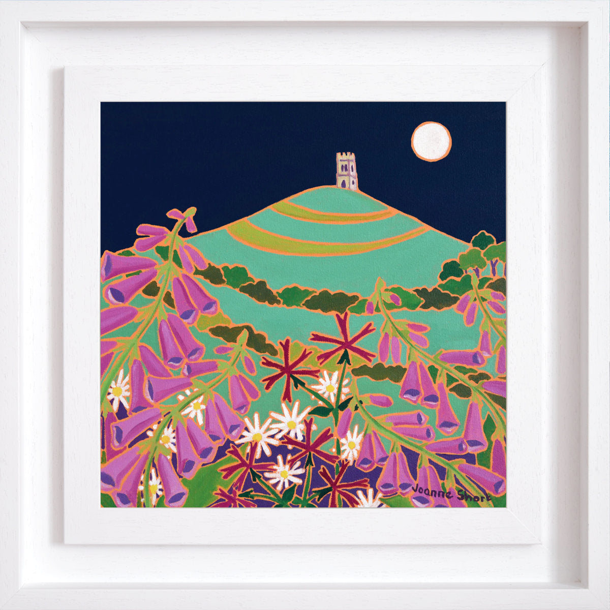 'Full Moon over Glastonbury Tor'. 12x12 inches original art oil on canvas. Paintings of Somerset by Artist Joanne Short. Somerset Art Gallery