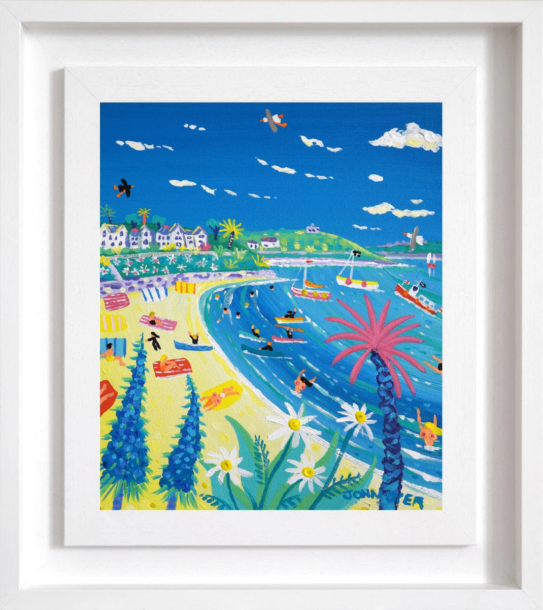 'Summer Fun at Gyllyngvase Beach, Falmouth', 12x10 inches acrylic on canvas. Painting of Cornwall by Cornish Artist John Dyer