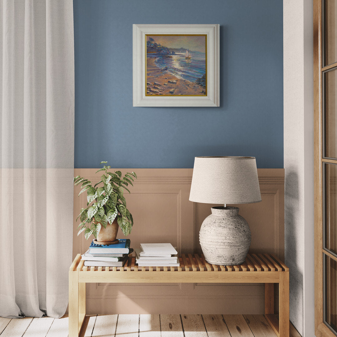 'Into the Light, Swanpool Beach', 14x14 inches oil on canvas. Seascape Painting by Cornish Artist Ted Dyer.