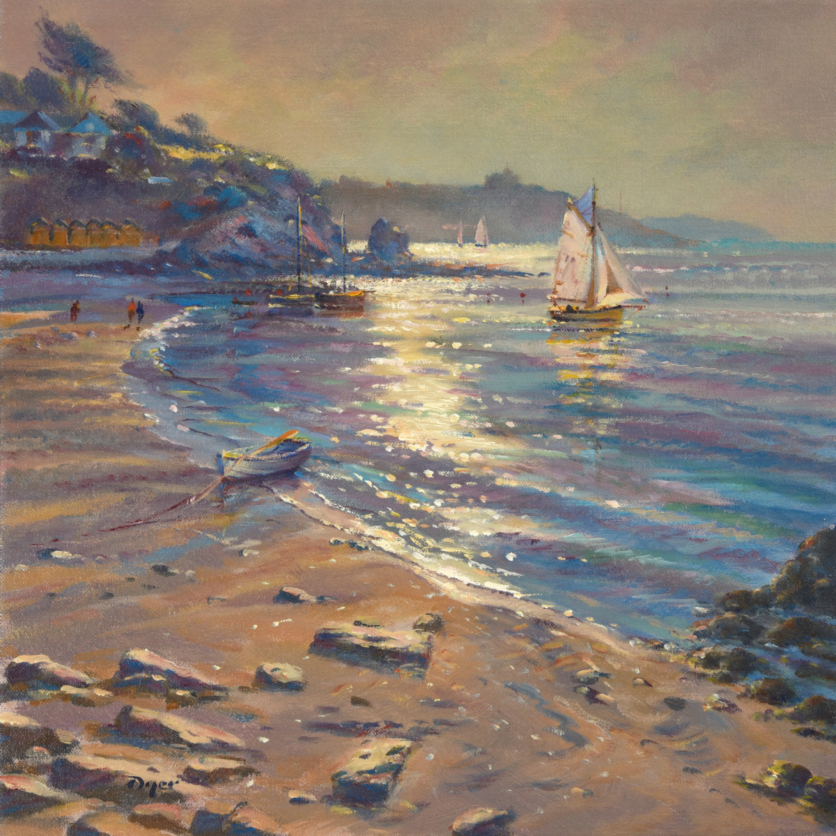'Into the Light, Swanpool Beach', 14x14 inches oil on canvas. Seascape Painting by Cornish Artist Ted Dyer.