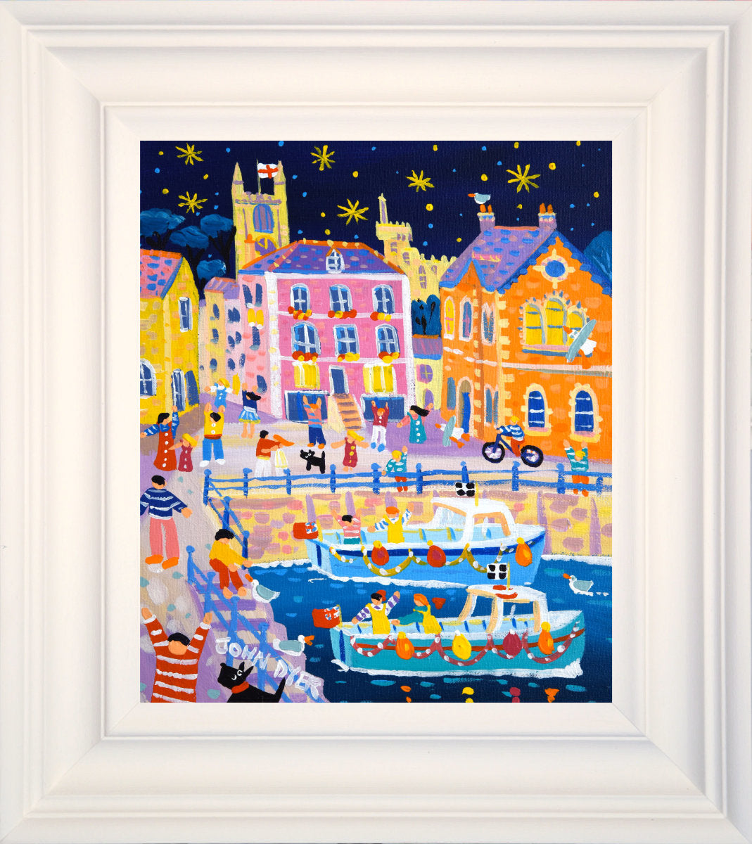 'Starry Sky above the Harbour, Fowey', 12x10 inches acrylic on canvas. Paintings of Cornwall. Cornish Artist John Dyer. Cornwall Art Gallery