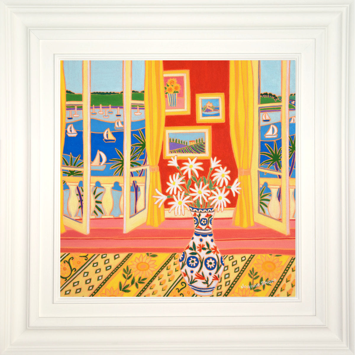 'Paintings on the Wall and Daisies in a Vase, Falmouth River View',
18 x 18 inches, coastal oil on canvas. Painting by Cornish Artist Joanne Short. Cornish Art from our Cornwall Art Gallery
