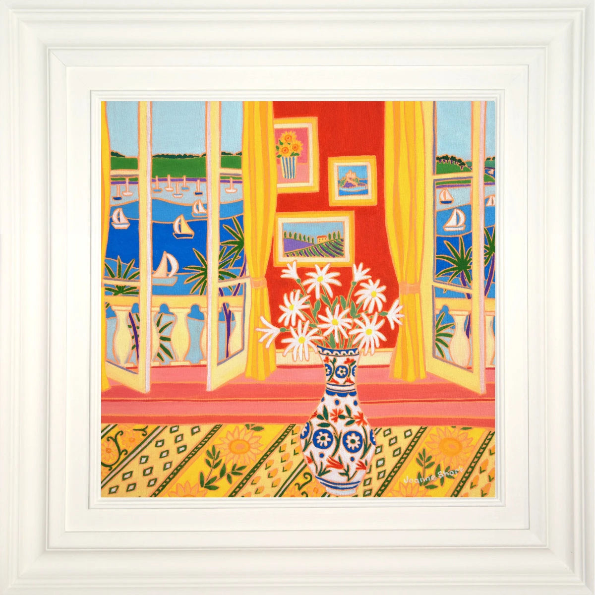 'Paintings on the Wall and Daisies in a Vase, Falmouth River View', 18 x 18 inches, coastal still life oil on canvas. Garden Flower Painting by Cornish Artist Joanne Short. Joanne Short