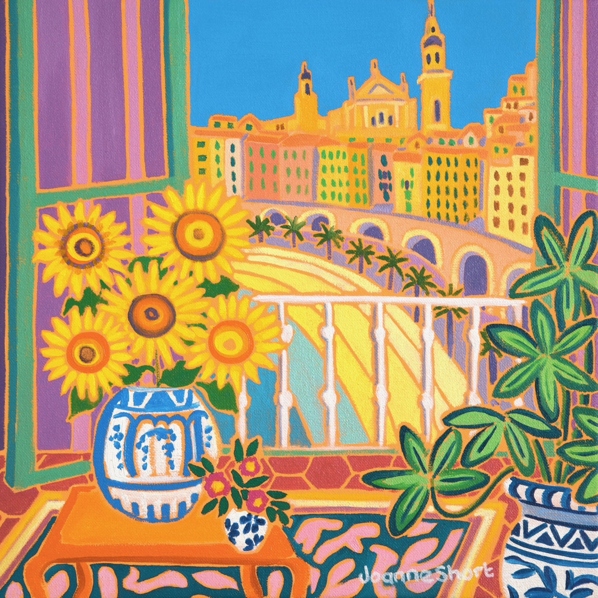 ‘Sunflowers in a Sunny Room, Menton, France’ painting by Joanne Short showing sunflowers in a French interior with balcony, Menton old town and palm-lined beach beyond.