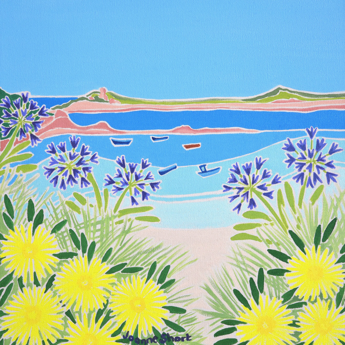 'Shallow Waters and Scilly Flowers, Tresco'. 12x12 inches Original Oil Painting on Canvas by Cornish Artist Joanne Short