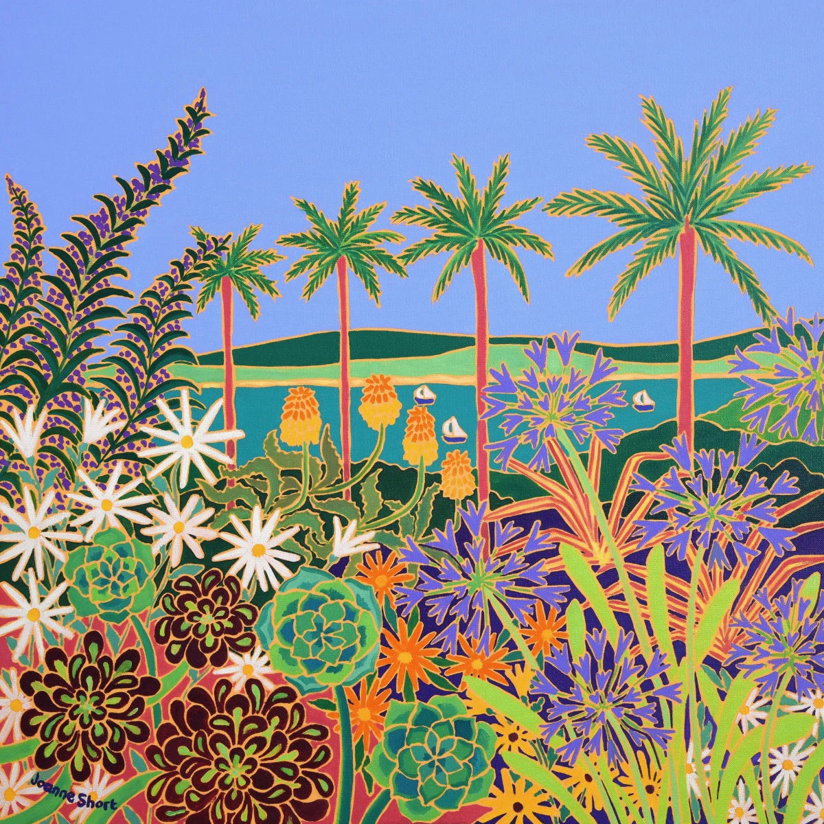 'Botanical Symphony, Tresco Abbey Gardens’. 24x24 inches oil on canvas. Painting of Cornwall by Cornish Artist Joanne Short