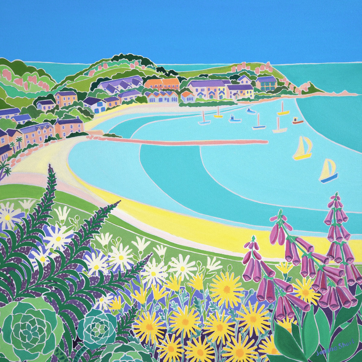 'Turquoise Tides and Island Skies, Tresco’. 24x24 inches oil on canvas. Painting of Cornwall by Cornish Artist Joanne Short