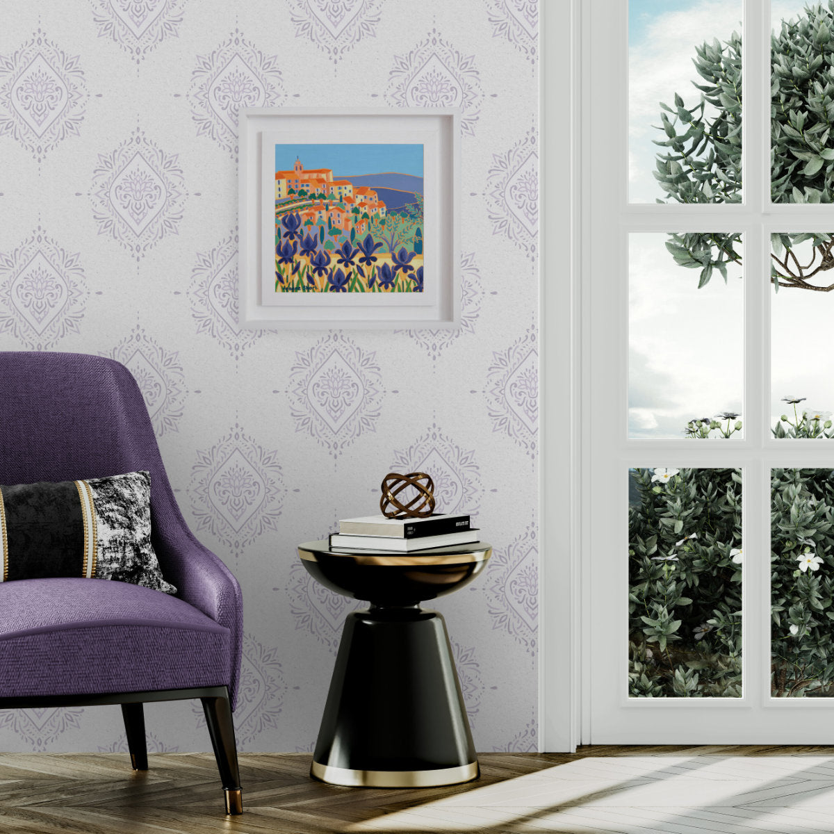 Joanne Short Painting. Purple Iris, Gordes, Provence. France. 12 x 12 inches oil on canvas