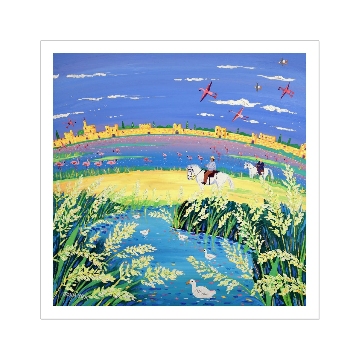 John Dyer Fine Art French Print 'The Spirit of the Camargue, Rice,White Horses and Flamingoes, Aigues-Mortes, Provence'. Open Edition Art Print of France