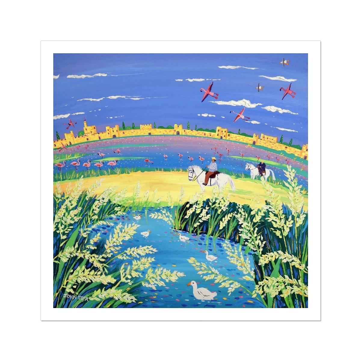 John Dyer Fine Art French Print 'The Spirit of the Camargue, Rice,White Horses and Flamingoes, Aigues-Mortes, Provence'. Open Edition Print of France John Dyer