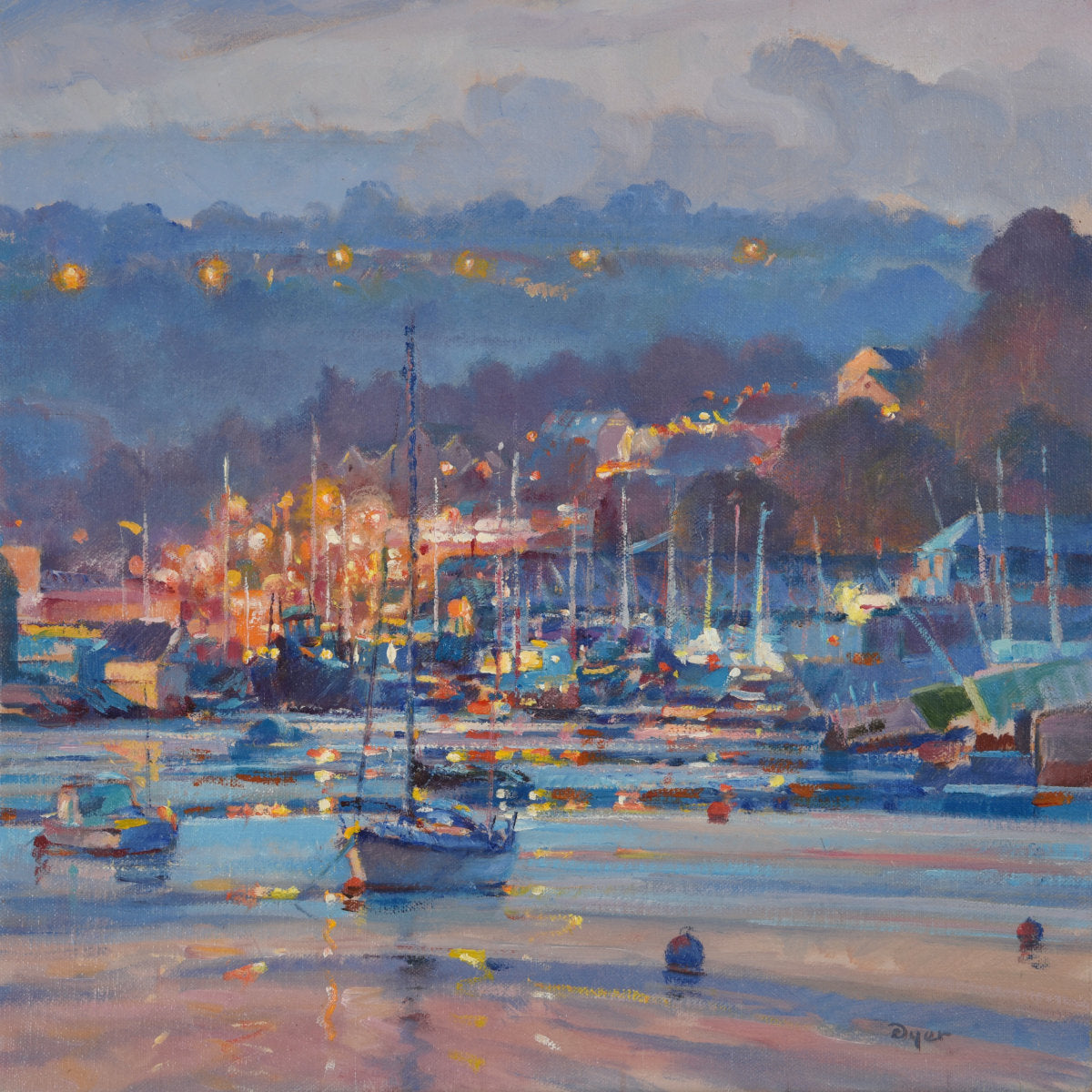 'Lights over the Moorings, Penryn River', 14x14 inches oil on canvas. Seascape Painting by Cornish Artist Ted Dyer. Ted Dyer