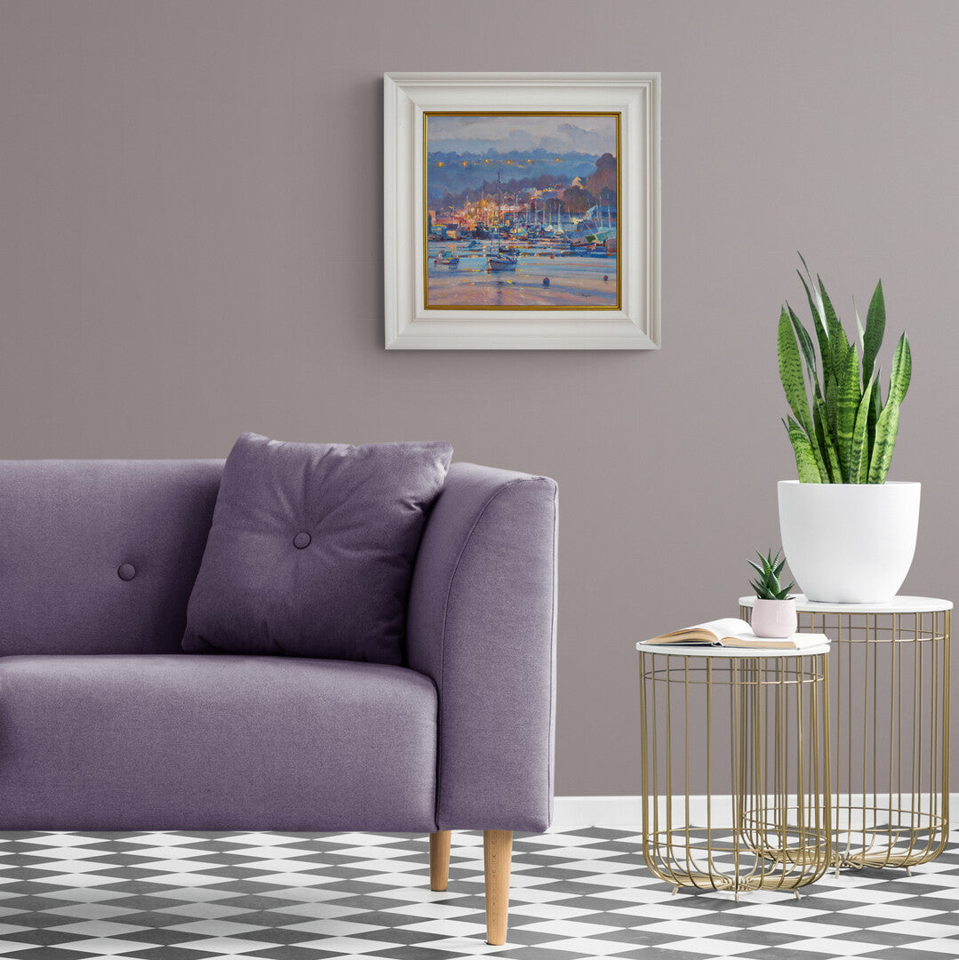 'Lights over the Moorings, Penryn River', 14x14 inches oil on canvas. Seascape Painting by Cornish Artist Ted Dyer.