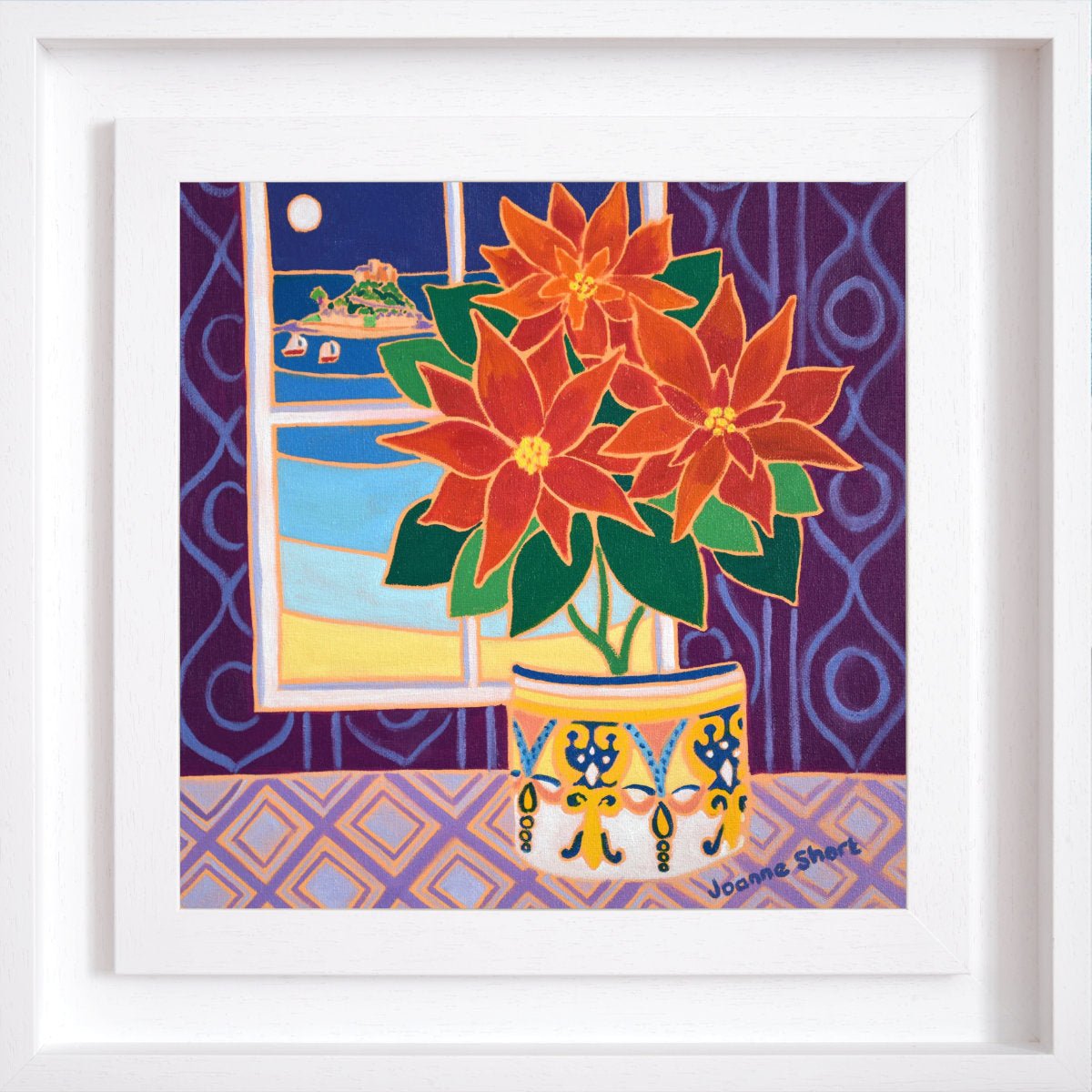 'Moonlit Poinsettia, St Michael's Mount'. 12x12 inches Original Art Painting Oil on Canvas. Paintings of Cornwall by Cornish Artist Joanne Short.