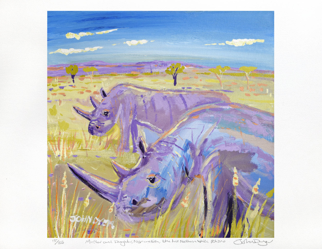 Limited Edition Print by British Artist John Dyer. 'Mother and Daughter. Najin and Fatu, the last two Northern white Rhino'. African Art Gallery Print