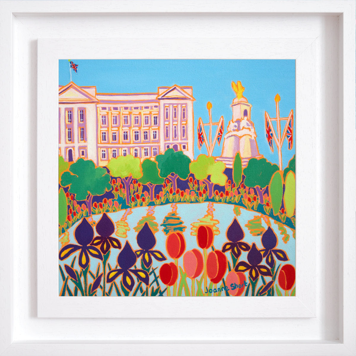 Original Garden Painting by Joanne Short. Tulips and Irises, Buckingham Palace, London. 12 x 12 inches oil on canvas