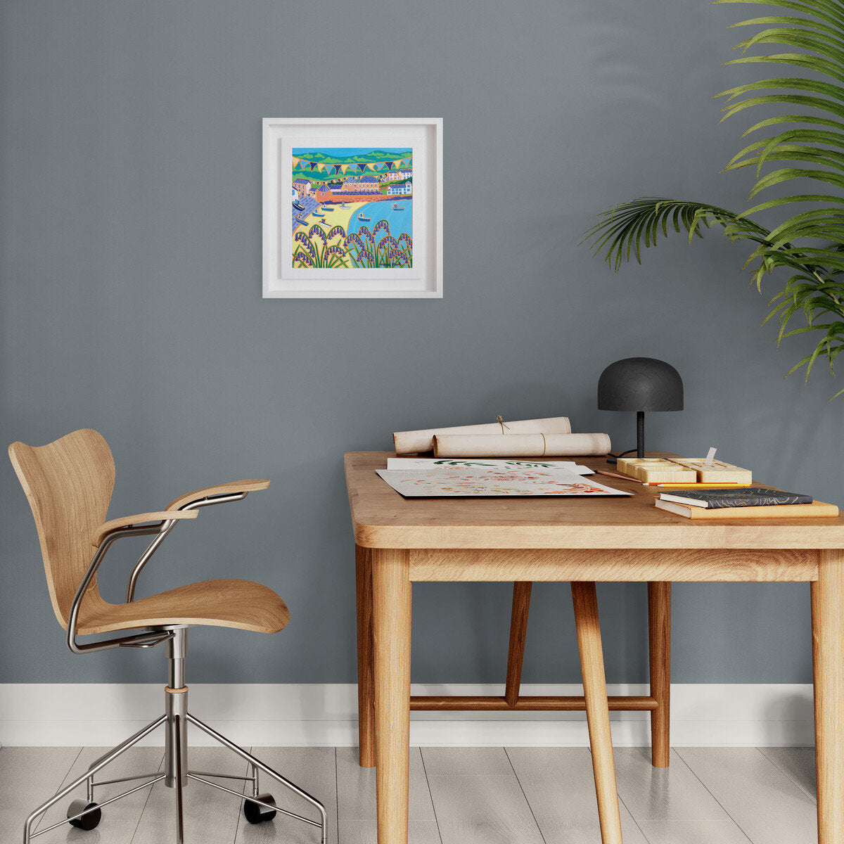 Original painting by Joanne Short. Bluebells and Bunting, Port Isaac. 12 x 12 inches oil on canvas