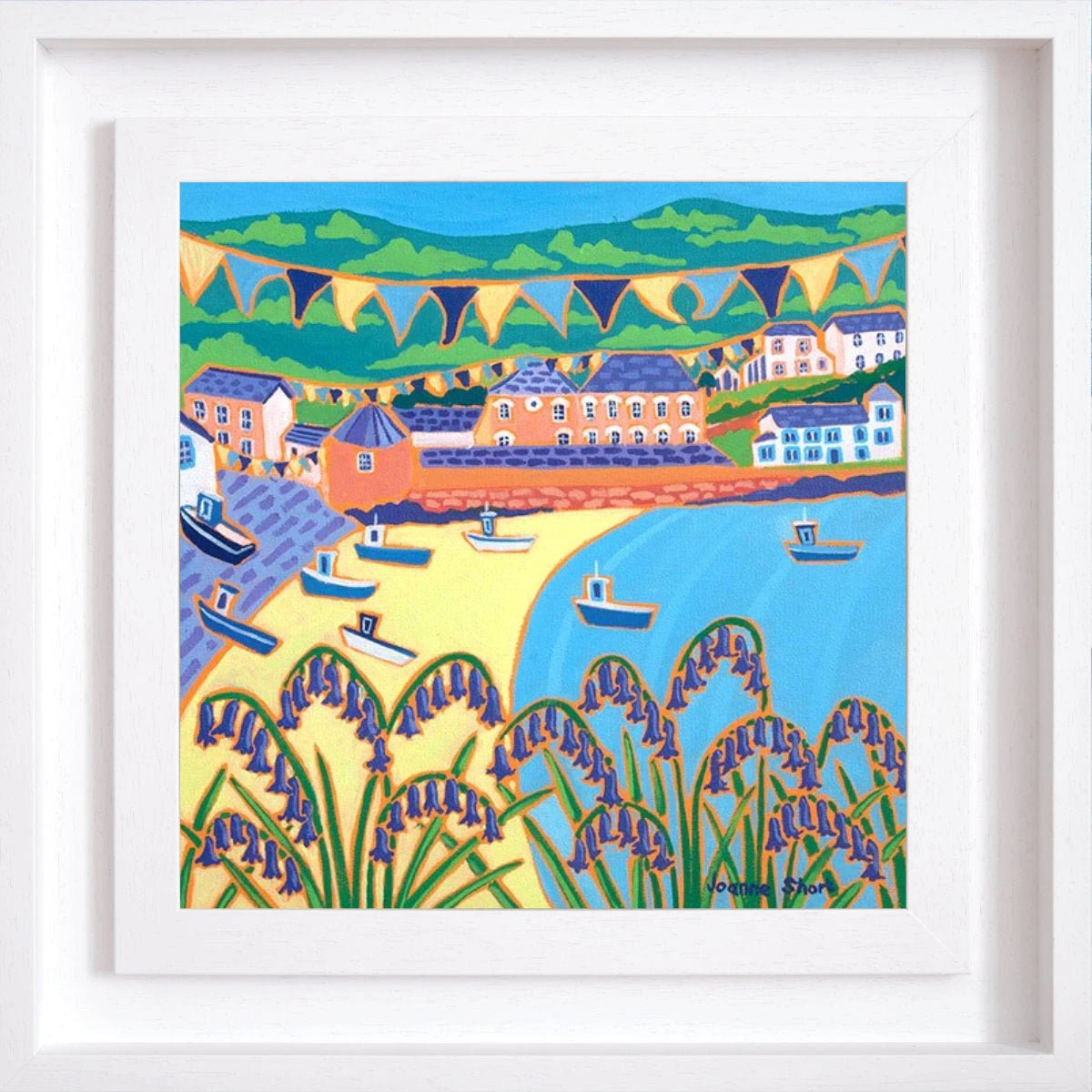 Original painting by Joanne Short. Bluebells and Bunting, Port Isaac. 12 x 12 inches oil on canvas Joanne Short