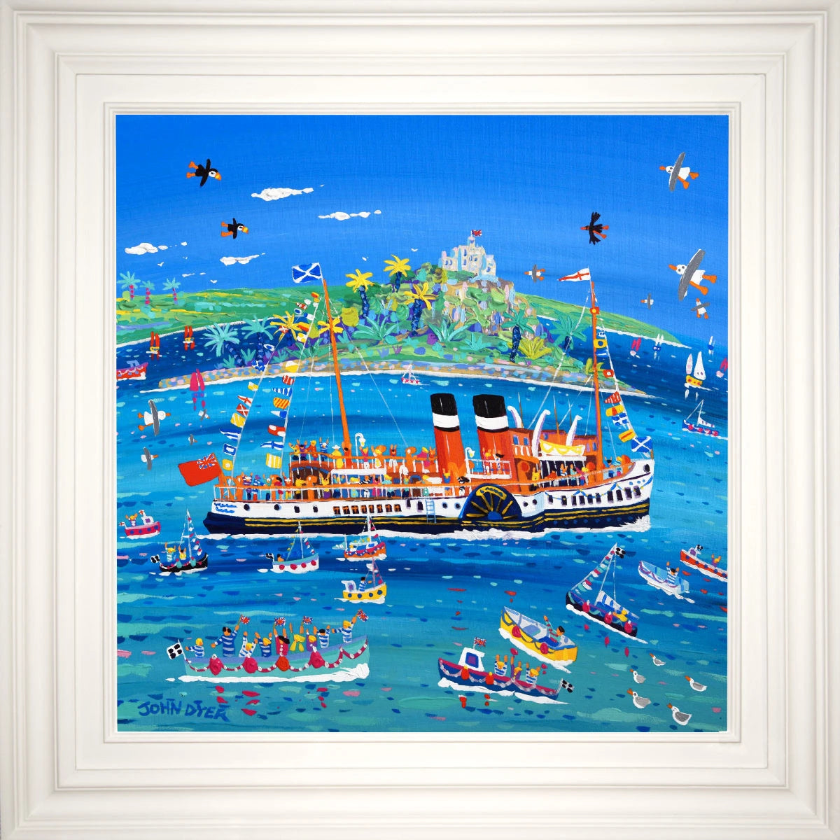 'Waving at the Waverley Steaming Past St Michael’s Mount', 24x24 inches acrylic on canvas. Cornwall Painting by Cornish Artist John Dyer. Cornish Art from our Cornwall Art Gallery John Dyer