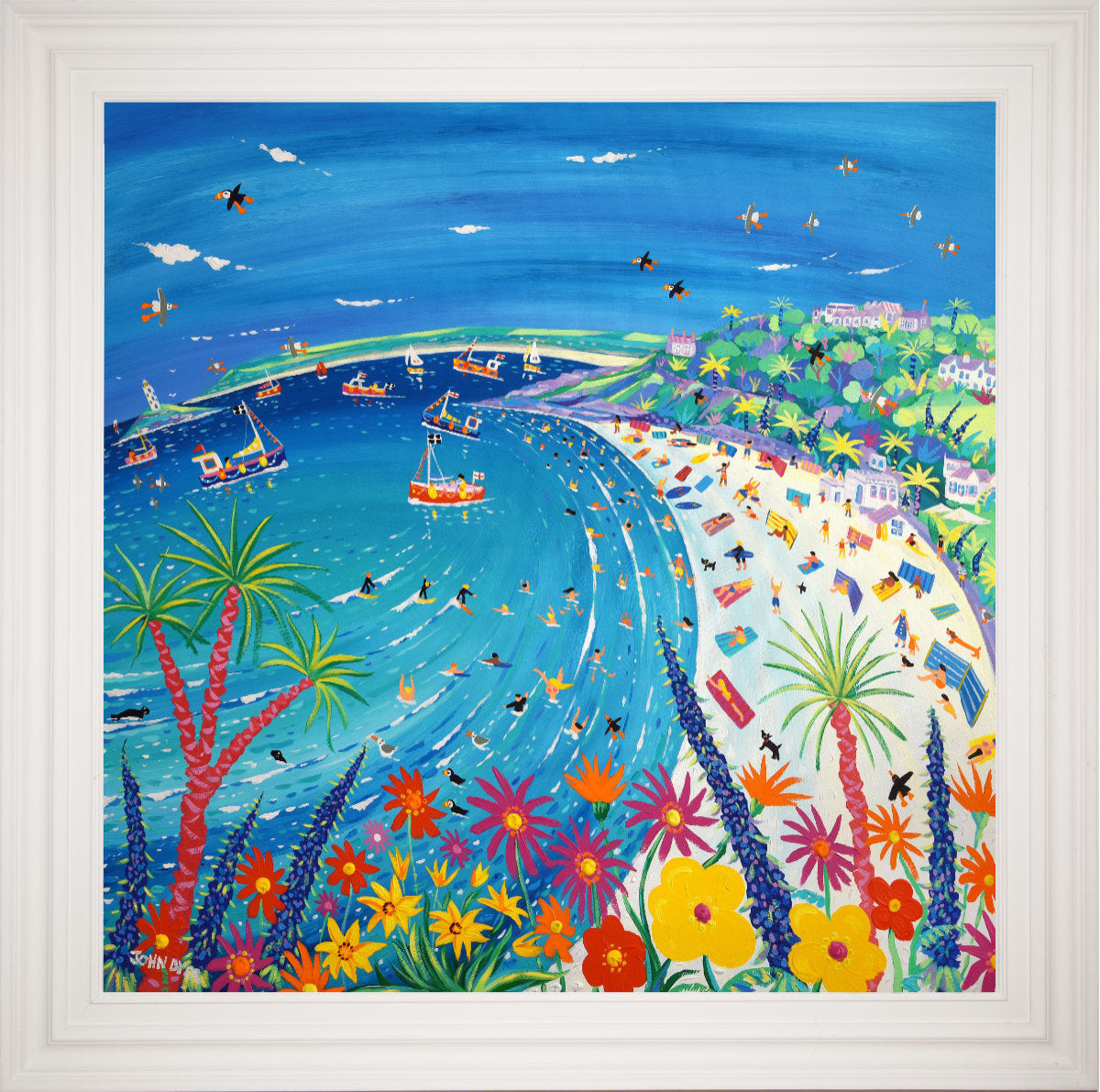 'A Day at the Beach, Porthminster Beach, St Ives', 100x100 cm acrylic on canvas. Paintings of Cornwall by Cornish Artist John Dyer. Cornwall Art Gallery