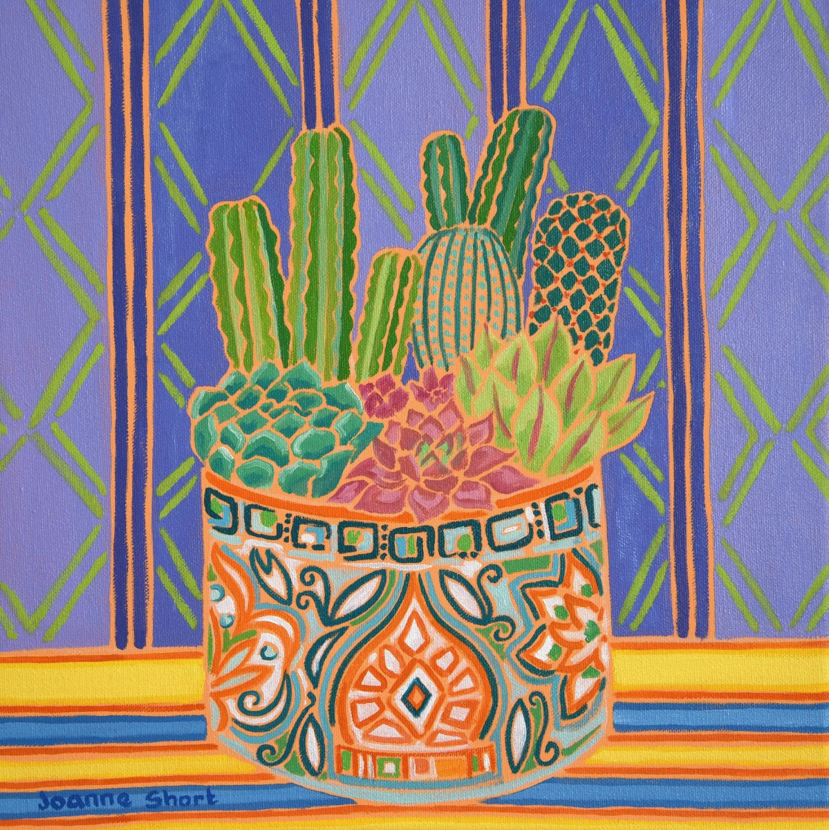 'Prickly Cacti and Purple Wallpaper'. 12x12 inches Original Oil Painting on Canvas by Cornish Artist Joanne Short Joanne Short