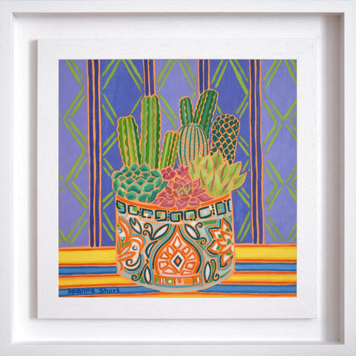 'Prickly Cacti and Purple Wallpaper'. 12x12 inches Original Oil Painting on Canvas by Cornish Artist Joanne Short